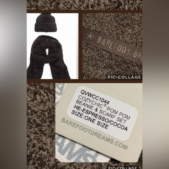 NWT Barefoot Dreams Espresso/Cocoa Pom Pom Beanie and Scarf Set - Picture 1 of 6